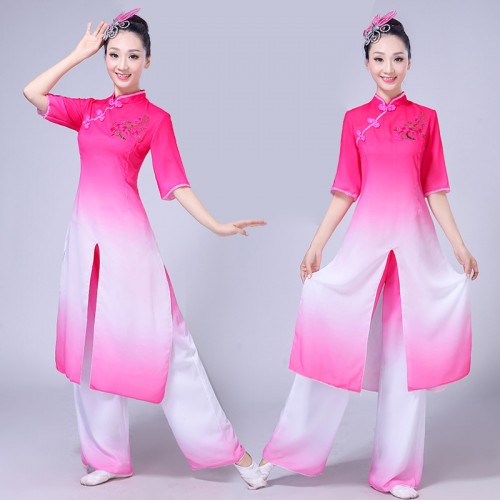 Women's Chinese folk dance costumes gradient color green pink purple yangko ancient traditional fairy cosplay dancing dresses